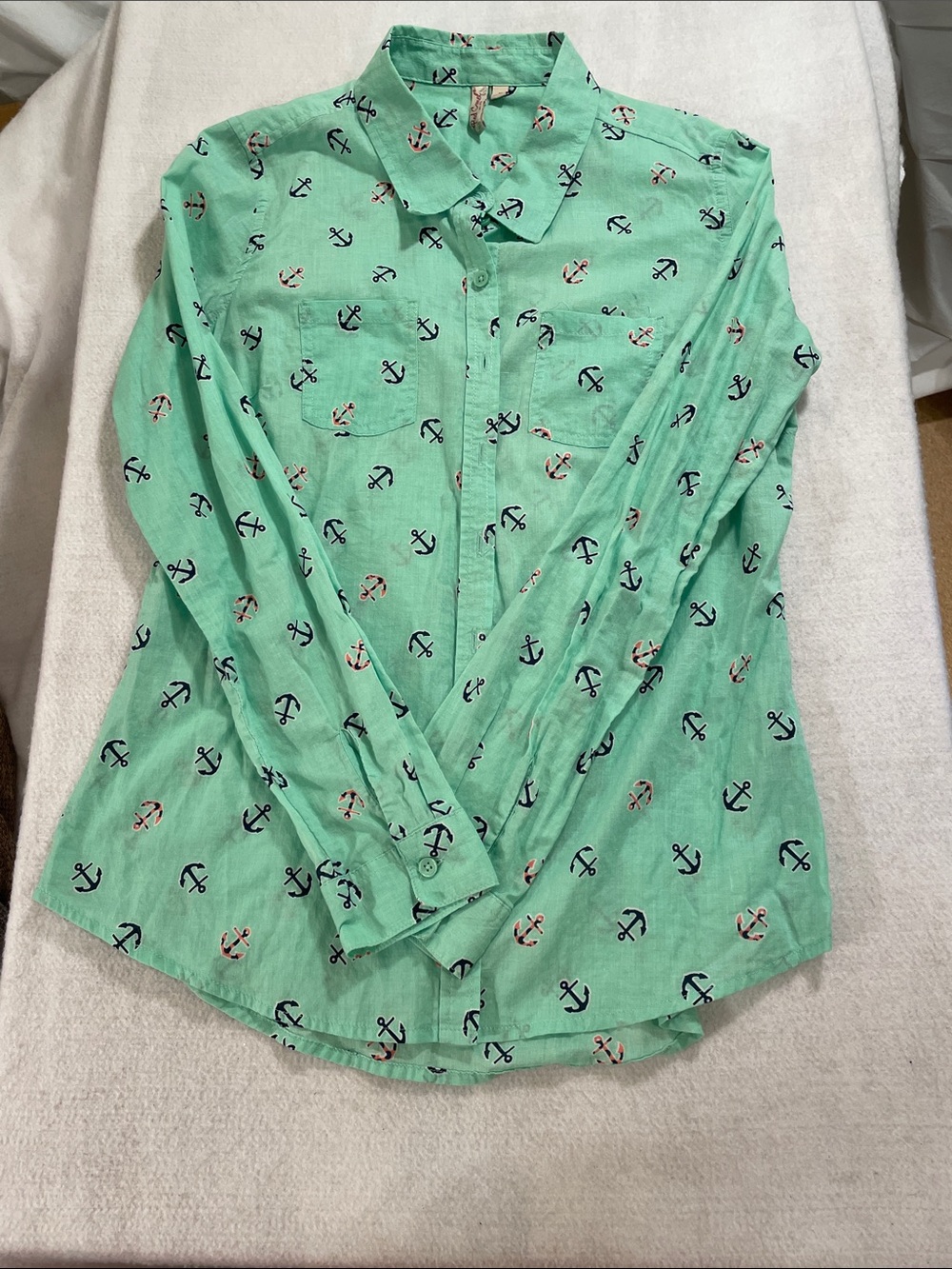 Red Camel Mint Green Long-Sleeve Anchor-Print Button Down Shirt